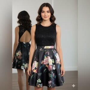 Terani Couture Sleeveless Black Lace Floral Fit & Flare Cocktail Dress Size 6